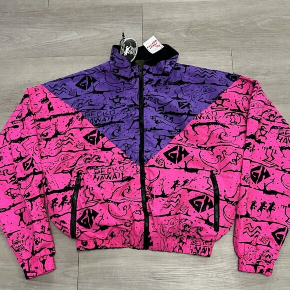 Vintage Gecko Hawaii Neon Pink Purple All Over Print Windbreaker Jacket - Picture 2 of 10